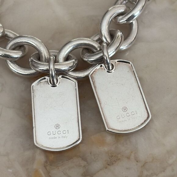 Gucci 925 Sterling Silver Double Dog Tag Solid Oval Rolo Link Bracelet Unisex - Picture 2 of 11